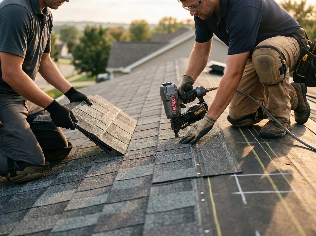 Professional roofer working on a residential roof in North College Hill